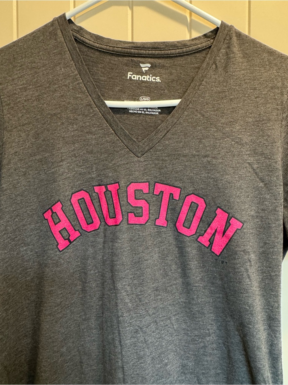 Fanatics Women's Gray V-Neck Tee with Pink HOUSTON Print